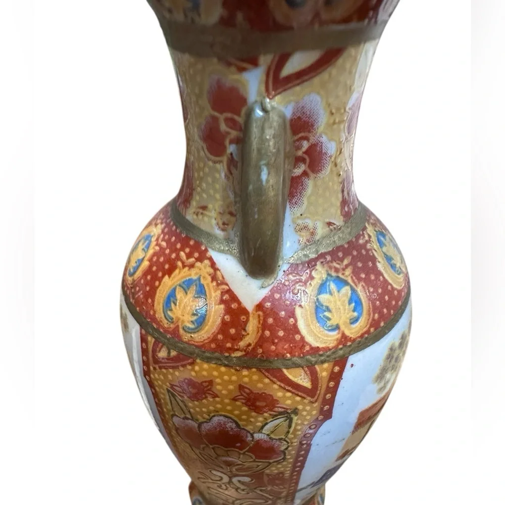 Vintage Satsuma Style Vase Made‎ in China Hand Painted Floral Village 6”